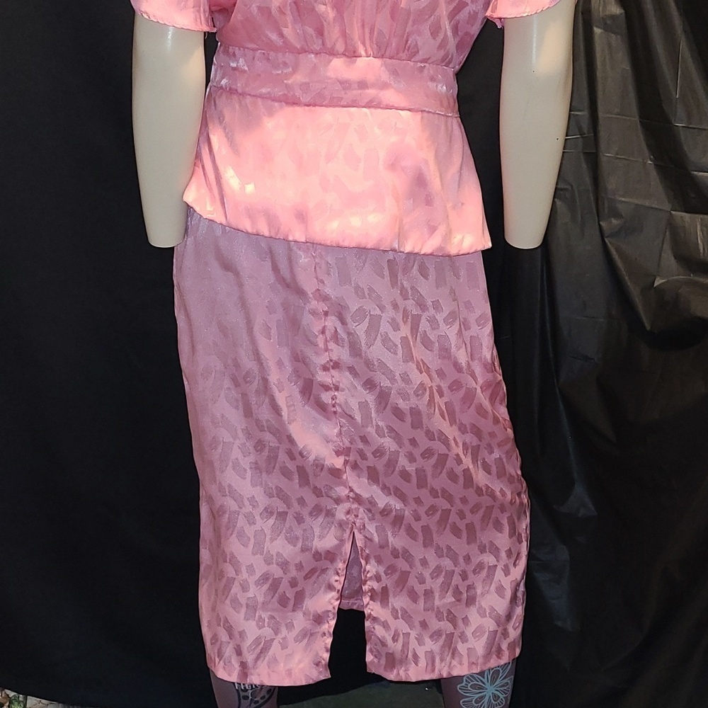 VTG Pink Two-Piece Satin Skirt Set Puffy Sleeve JOLIBEL - Picture 9 of 13